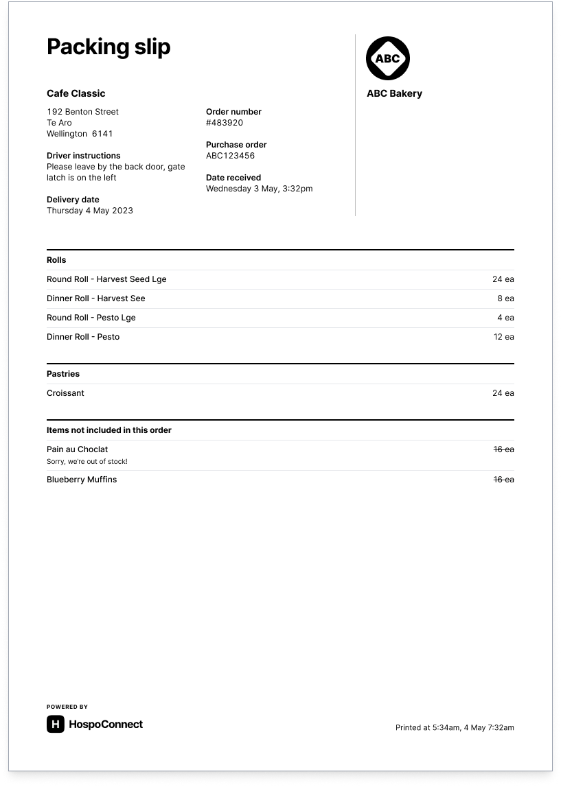 Packing slip HospoConnect